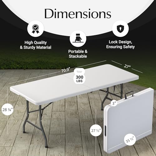 6 Feet Foldable Table with Built in Handle & Steel Legs | 6FT Heavy Duty Folding Portable | Perfect for Party, Dining, Wed...