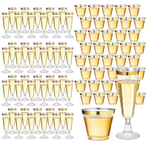 Potchen 160 Pack Champagne Flute and Clear Plastic Cup, 60 Pcs 5 oz Champagne Wine Glasses Disposable 100 Pcs 9 oz Hard Dr...