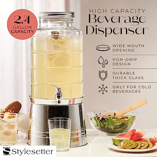 Style Setter Patchwork Beverage Dispenser Cold Drink Dispenser w/ 2.4-Gallon Capacity Glass Jug, Ice Insert, Fruit Infuse...