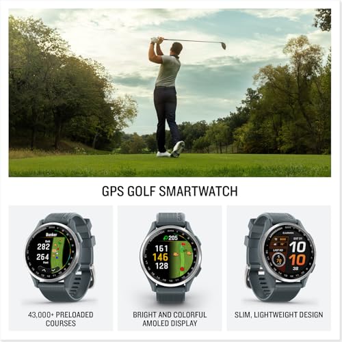 Garmin Approach® S44, Essential Golf GPS Smartwatch, AMOLED Display, On-Course Features, Silver Aluminum Bezel with Twilig...