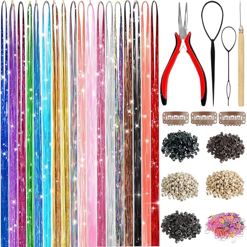 Hair Tinsel,18 Colors Hair Tinsel Kit for Girls 7600 Strands Fairy Tinsel Hair Extensions Holographic Hair Tinsel Heat Res...