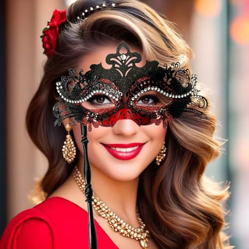 WILOVCOS Womens Masquerade Mask with Stick, Handheld Mardi Gras Mask,Venetian Party Masks