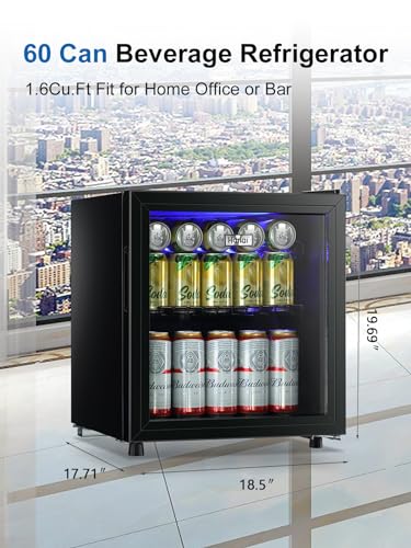 Beverage Refrigerator Cooler 60 Can Cooler Fridge Glass Door for Beer Drinks Wines Juice, 1.7 Cu. Ft Adjustable Shelves Bl...