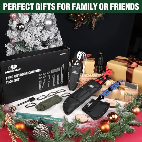 Mossy Oak Hatchet and Machete Knife Set with Sheath, One-Piece Axe & Hunting Knives with Paracord Handle, Zoomable Flashli...