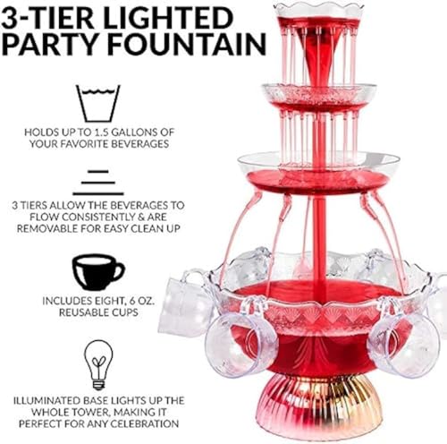 Electric Red Wine and Champagne Fountain Machine 3-Tier Electric Fountain Drink Machine with LED Lighted Base Includes 5 R...
