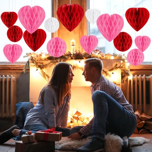 40Pcs Valentines Day Party Heart Decorations - Red Pink White Paper Honeycomb Hearts Balls Hanging, Valentine's Decor for ...