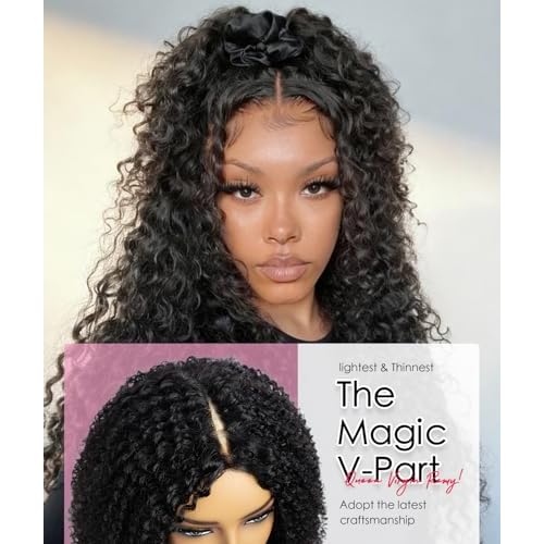 QUEEN VIRGIN REMY QVR Lace V-Part Wig Human Hair Kinky Curly No Leave Out V Shape Full Head Clip In Half Wig with Drawstring Natural Black Curly U Part Human Hair Wig for Black Women 14 Inch