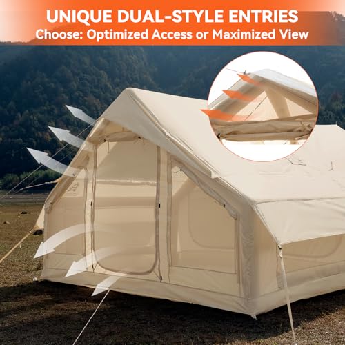 4 Person Inflatable Tent with Stove Jack & Canopy, 4 Season Glamping Air Tent with Panoramic Skylight, AC & Power Port, Wa...