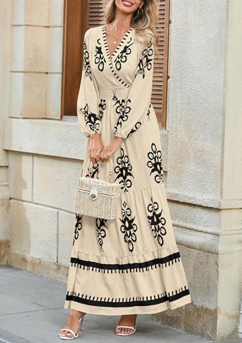 PRETTYGARDEN Women's 2026 Fall Wedding Guest Dresses Boho Floral Long Sleeve V Neck Flowy Elegant Maxi Dress Beach Clothes