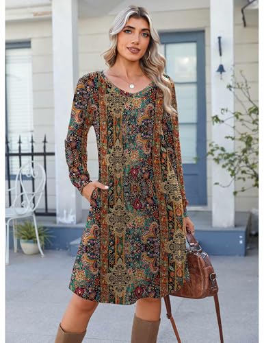 Zeagoo Fall Dresses for Women Long Sleeve Casual Pleated V Neck Dress 2025 A Line Tunic Dress