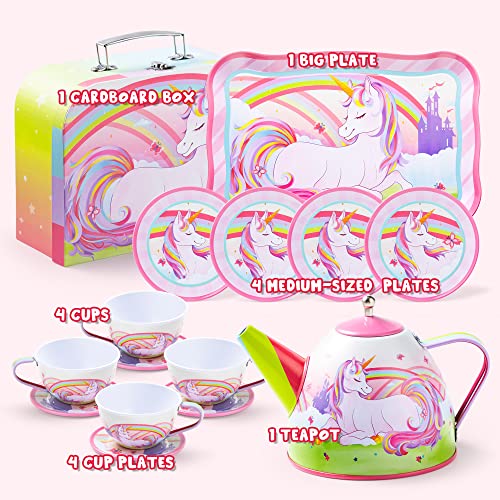 JOYIN Unicorn Tea Party Set for Little Girls, Pretend Pink Tin Teapot Set, Princess Tea Time Play Kitchen Toy with Teapot,...