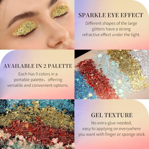 FANDAMEI Face Glitter, 2 PCS Face Glitter Gel 18 Grids, Body Hair Glitter for Kids Women for Makeup, Halloween Rave Concer...