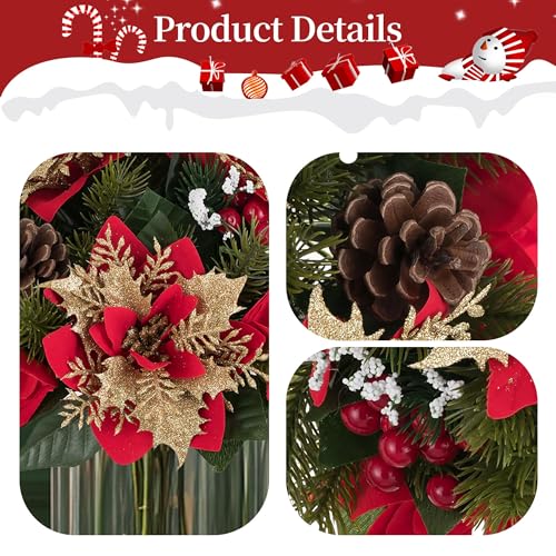BLOSMON Christmas Centerpieces for Dining Table: 2 Pcs Red Gold Glitter Fake Poinsettia Christmas Flowers Ball Decoration...