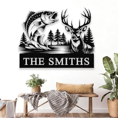 Personalized Deer Hunting & Fishing Metal Sign, Custom Hunter & Fisherman Wall Art Decor - Cabin Wall Decor, Hunter Family...