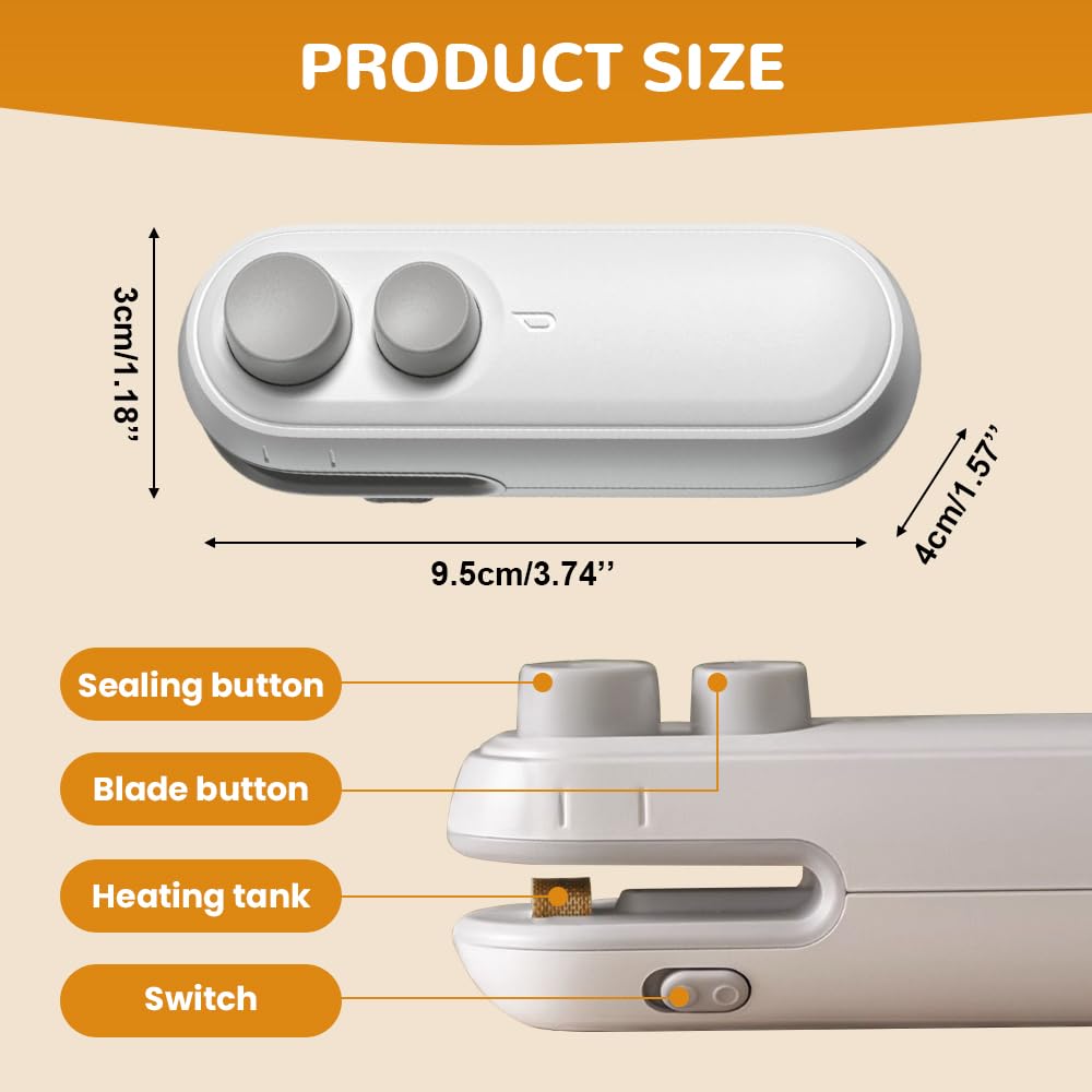 2026 Upgraded Mini Bag Sealer, 2 in 1 Mini Bag Sealer with Cutter and Magnet, Rechargeable Mini Bags Sealer Portable Resealer Machine for Snack Plastic Bags Food Storage Travel (White + Black)