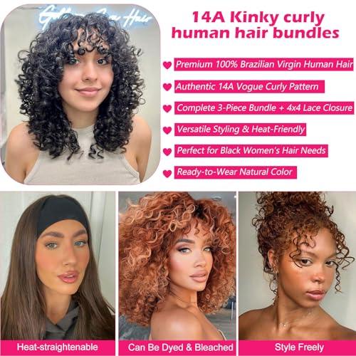 12A Real Brazilian Curly Human Hair Bundles 3 Pcs 12 Inch Bundle with 4x4 Lace Closure 100% Unprocessed Brazilian Virgin Human Hair Vogue Curly Extensions for Black Women Natural Color