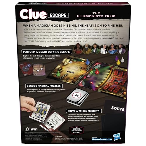 Clue Escape: The Illusionist’s Club Board Game | Escape Room Family Game | 1-Time Solve Mystery | Ages 10+ | 1-6 Players | Difficulty 4 | 90-120 Mins. (Amazon Exclusive)