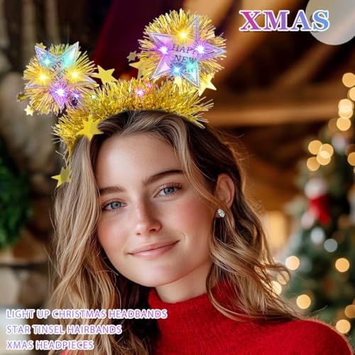 Firuilo Light Up Christmas Headband Glowing Star Tinsel HAairbands Happy New Year Headpieces Xmas Hair Accessories for Women