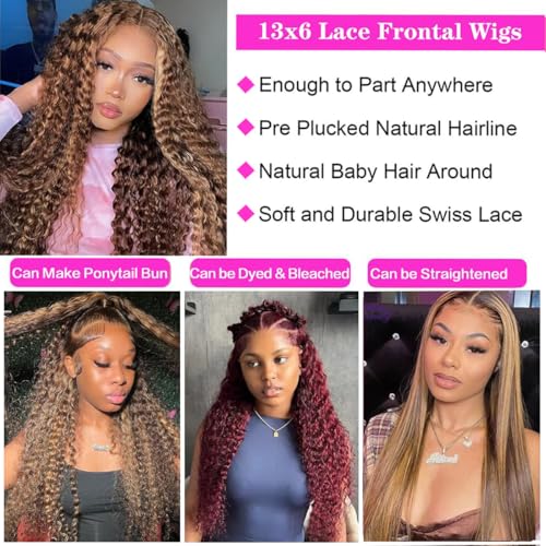13x6 Highlight Ombre Lace Front Wig Human Hair HD Glueless Deep Wave Wig Honey Blonde 4/27 Pre Plucked Wet and Wavy Curly Wig for Women Long Natural Soft Human Hair Wigs18 Inch