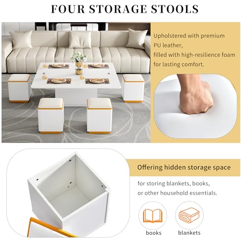 HomVent 47.72" Lift-Top Coffee Table, Wood Coffee Tables with 4 Storage Stools, Modern Couch Side Table, Space Saving Center Cocktail Table with Foldable Top for Living Room Bedroom