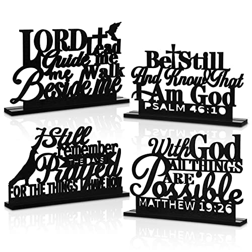 Geetery 4 Pcs Inspirational Centerpiece Table Decorations Blessed Wooden Signs Religious Table Decor with God Possible Bib...
