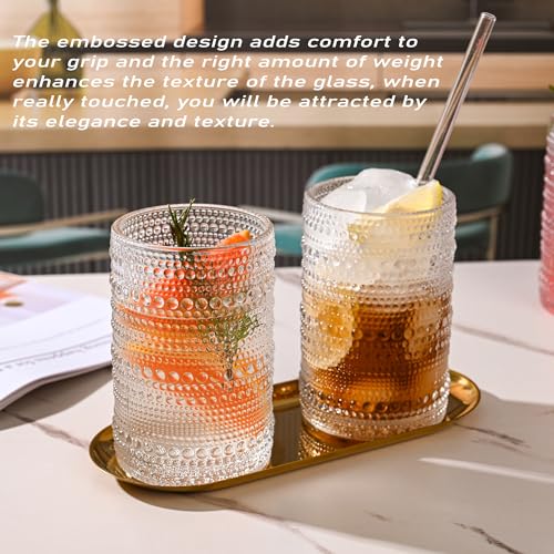 KMIGRUAN Hobnail Drinking Glasses with Straws 15oz Vintage Glassware Set of 6 Embossed Vintage Water Cups, Highball Glasse...