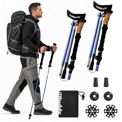 TrailBuddy Foldable Trekking Poles – Ultralight 7075 Aluminum, EVA & Cork Grip Collapsible Hiking Poles – Lightweight Adju...