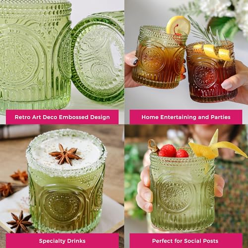 Kate Aspen Retro Arch Floral Green Drinking Glasses Set of 6-10 oz Vintage Beaded Glassware, Textured Water & Cocktail Cup...