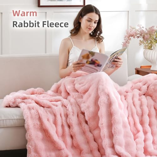 Smoofy Faux Fur Throw Blanket for Couch – Blush Pink Fluffy Cozy Rabbit Fleece, Plush Soft Bubble Blanket for Sofa & Bed, ...