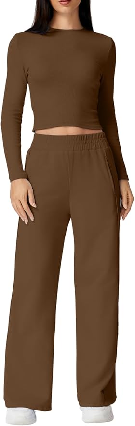 QINSEN Womens 2 Piece Sets Long Sleeve Slim Fit Crop Tops Wide Leg Pants Matching Lounge Set