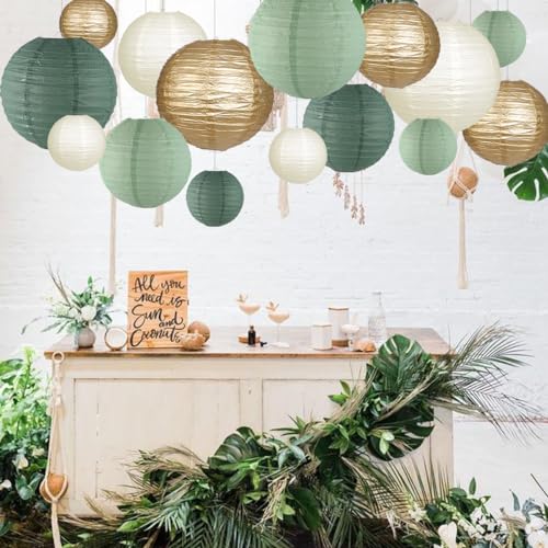 zilue Paper Lanterns Decorative, Round Hanging Paper Lanterns Decorations for Rustic Party Bridal Shower Wedding Sage Gree...