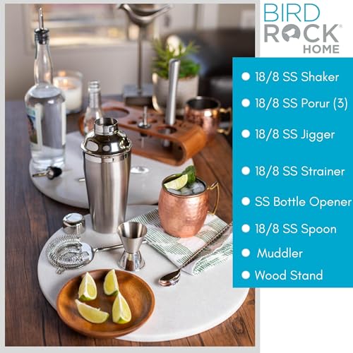 BIRDROCK HOME 10 Piece Professional Bartender Cocktail Mixing Set with Acacia Wood Stand | Stainless Steel Bar Tools for H...