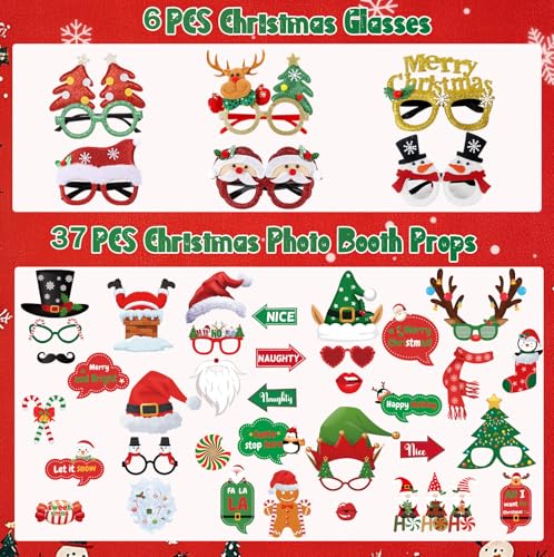 Christmas Party Decorations Decor, 36 Christmas Photo Booth Props+ 6 Christmas Glitter Glasses Frames, Party Favors Games ...