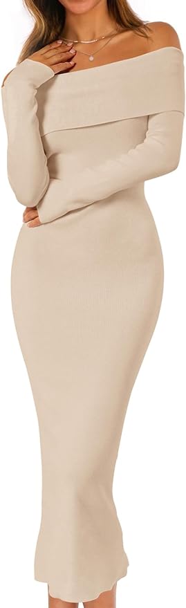 MEROKEETY Women's Winter Off Shoulder Bodycon Sweater Dress 2026 Spring Formal Long Sleeve Elegant Club Party Midi Dresses