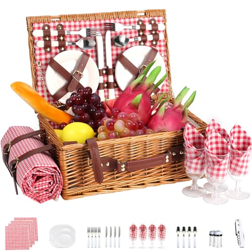 Neti Neti Wicker Picnic Basket for 4 with Insulated Cooler & Waterproof Blanket – Large Willow Picnic Hamper for Outdoor, ...