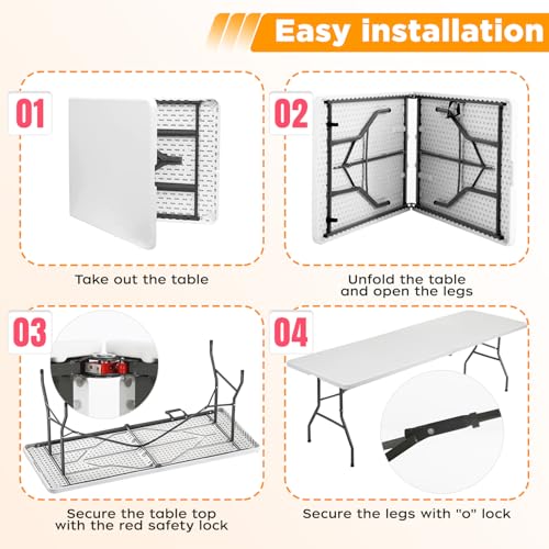 FDW 8FT Folding Table, Portable Fold-in-Half Plastic Picnic Party Table with Carrying Handle (White, 8FT)