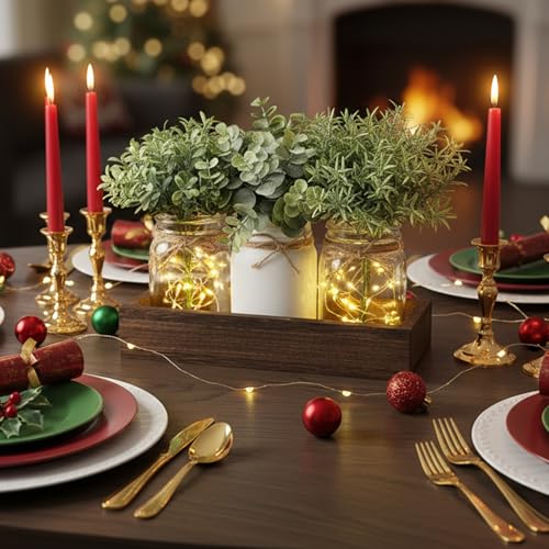 Mkono Mason Jar Lights Table Centerpiece for Dining Room Fake Eucalyptus Plants Christmas Table Decor for Kitchen Coffee T...