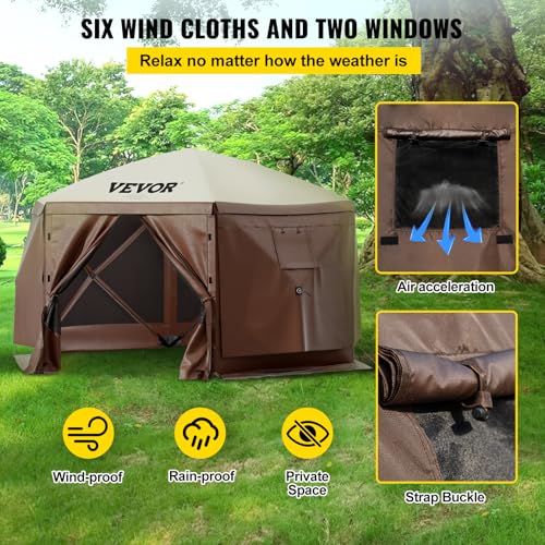 VEVOR 12 * 12ft 6 Sided Pop-up Canopy Shelter Tent with Mesh Windows, Portable Carry Bag, Stakes, Large Shade Tents for Ou...