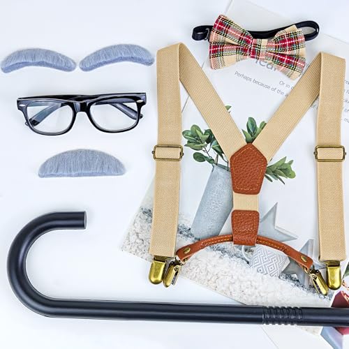 Horolam Kids Old Man Costume, Kids 100 Days of School Costume for Boys with Fake Beard Eyebrow Walking Cane Glasses Suspender