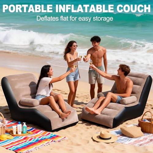 LanAqua Inflatable Couch for Camping, Blow Up Couch for Adults with Armrest, Waterproof Flocked Surface Inflatable Lounge ...