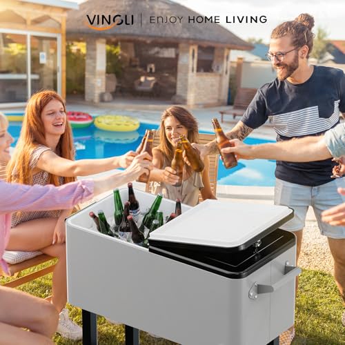 VINGLI 80 Quart Rolling Ice Chest on Wheels, Portable Patio Party Bar Drink Cooler Cart, with Shelf, Beverage Pool with Bo...