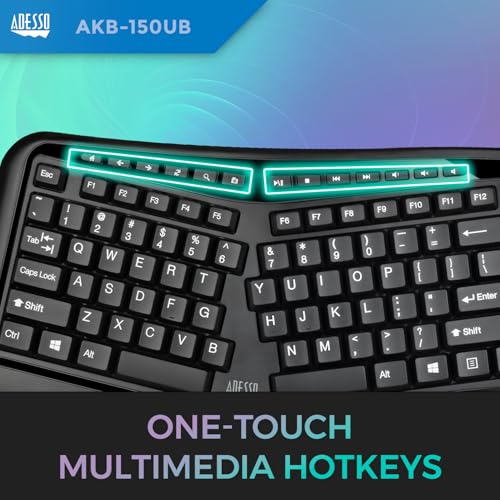 ADESSO Ergonomic USB Keyboard with Integrated Palm Rest - Split Key Design, Multimedia & Internet Hotkeys, 105-Key US Layo...