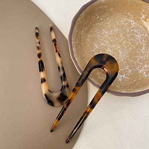 2 Pack Benefree French Style Cellulose Acetate Tortoise Shell U Shaped Hair Pins Fork 2 Prong Updo Chignon Pin for Women Girls Hairstyle Accessories£¨Tortoiseshell and White Tortoiseshell)
