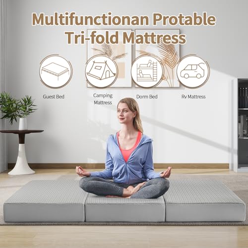 CYMULA Folding Mattress Single Size,6 inch Memory Foam Tri Portable Trifold Mattress Topper Single with Breathable & Washa...