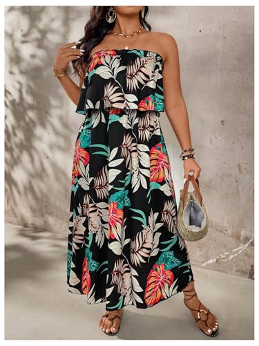 Verdusa Women's Plus Size Tropical Strapless Tube Dress Ruffle Layered Maxi Dresses