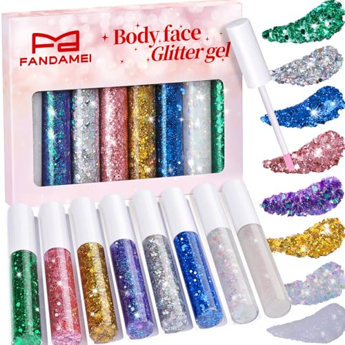 FANDAMEI Body Glitter Kit - 8 Colors 8 ml/Jar for Glitter Makeup, Face Hair Glitter for Kids&Women, Halloween Mermaid Rav...