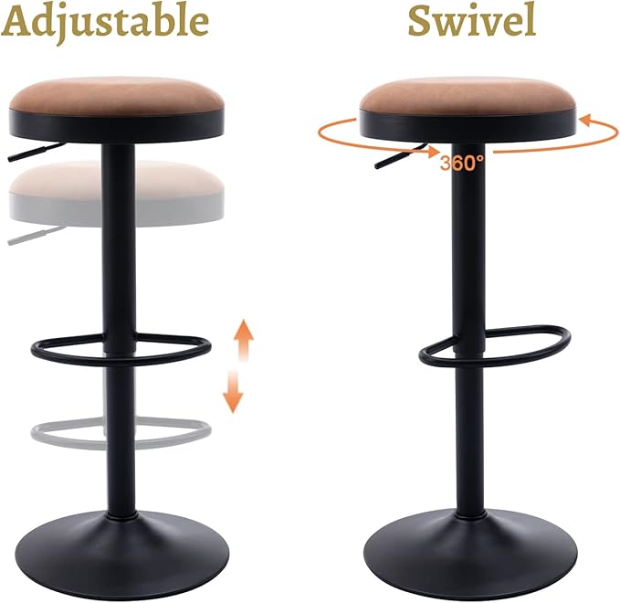 EALSON Modern Swivel Bar Stools Set of 2 Adjustable Counter Height Backless Barstools with Metal Base Leather Upholstered Round Bar Stool Chairs for Kitchen Island/Pub/Breakfast Bar, Brown