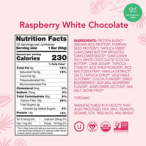 ALOHA Organic Plant Based Protein Bars | Raspberry White Chocolate | 12 Count, 1.98oz Bars | Vegan, Low Sugar, Gluten Fre...