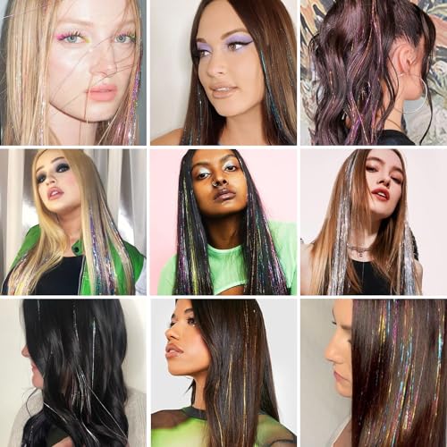 Hair Tinsel 12Pcs Clip in Rainbow Hair Accessories 20.5 Inch Fairy Hair Tinsel Kit for Women Girls Kids Glitter Extensions...