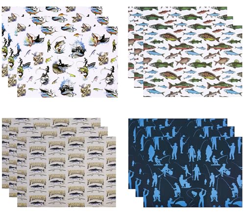 WRAPAHOLIC Fishing Wrapping Paper Sheet - 12 Sheets Folded Flat - Adventure Fishing and Fishhook 4 Design for Angler Fish ...
